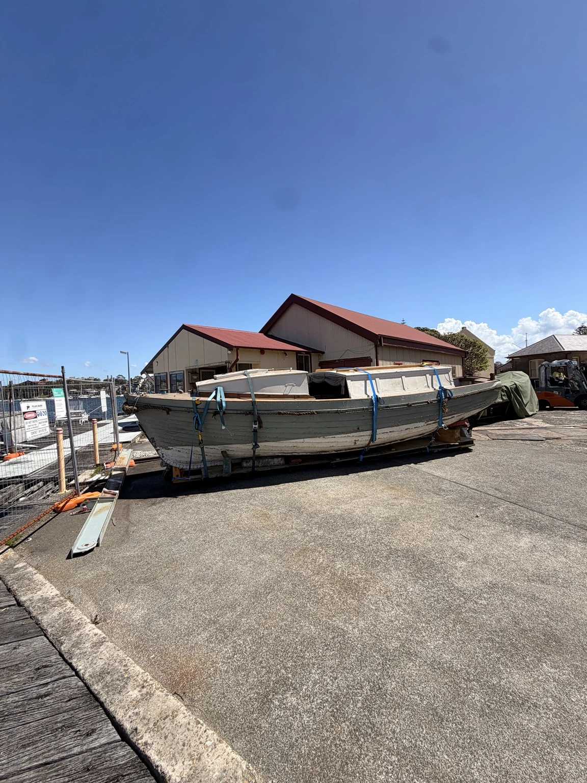 Boat outside the building following the internal handling stages.